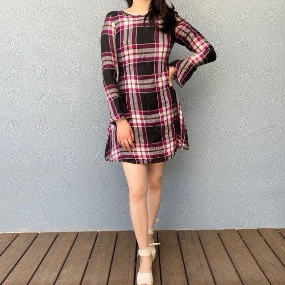 NWT Ann Taylor Loft Black Plaid Tie Back Long Sleeve A Line Dress Size 2P Pink - Picture 4 of 12